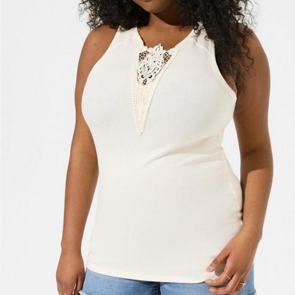 Torrid: Cotton Modal Rib Notch Neck Crochet Inset Tank - Picture 2 of 6